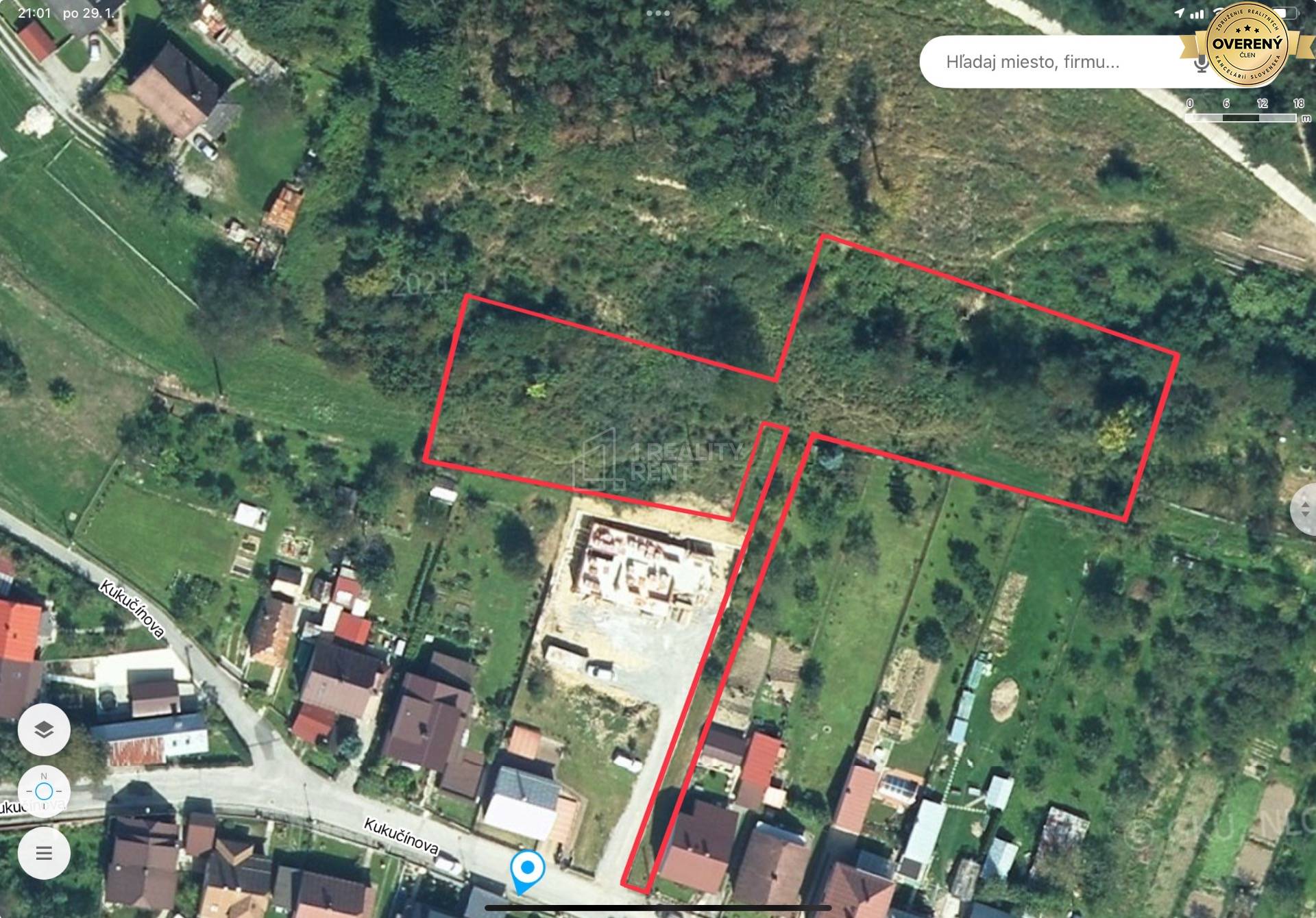 Letecký pohľad na pozemky pre bývanie na Kukučínovej ulici, Kysucké Nové Mesto.