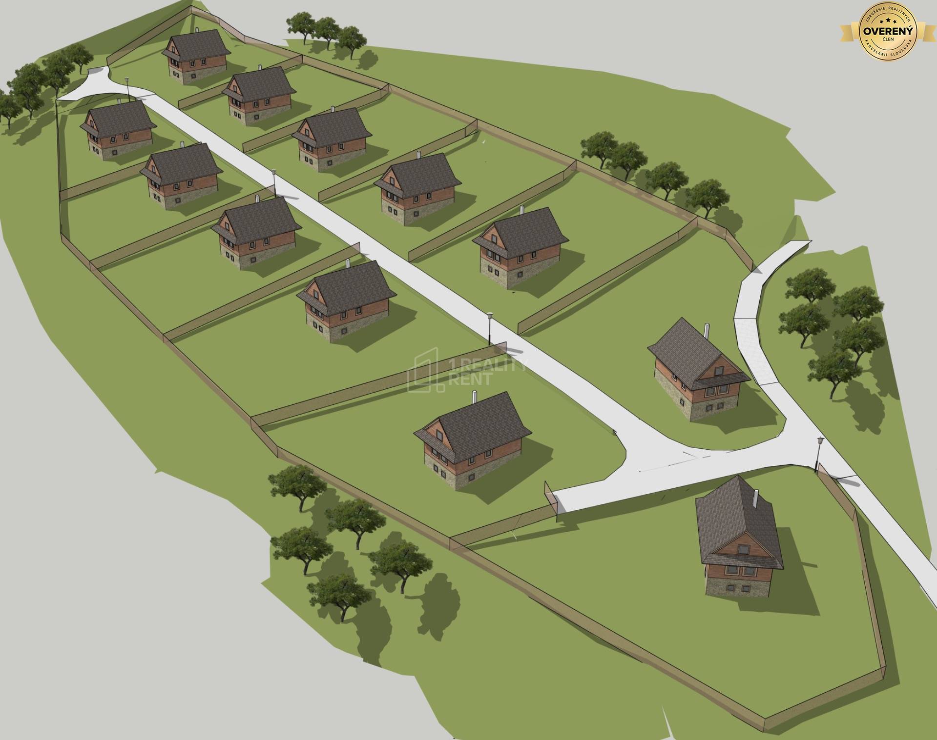 Vizualizácia rekreačných pozemkov s chatami obklopenými zeleňou v Makove.