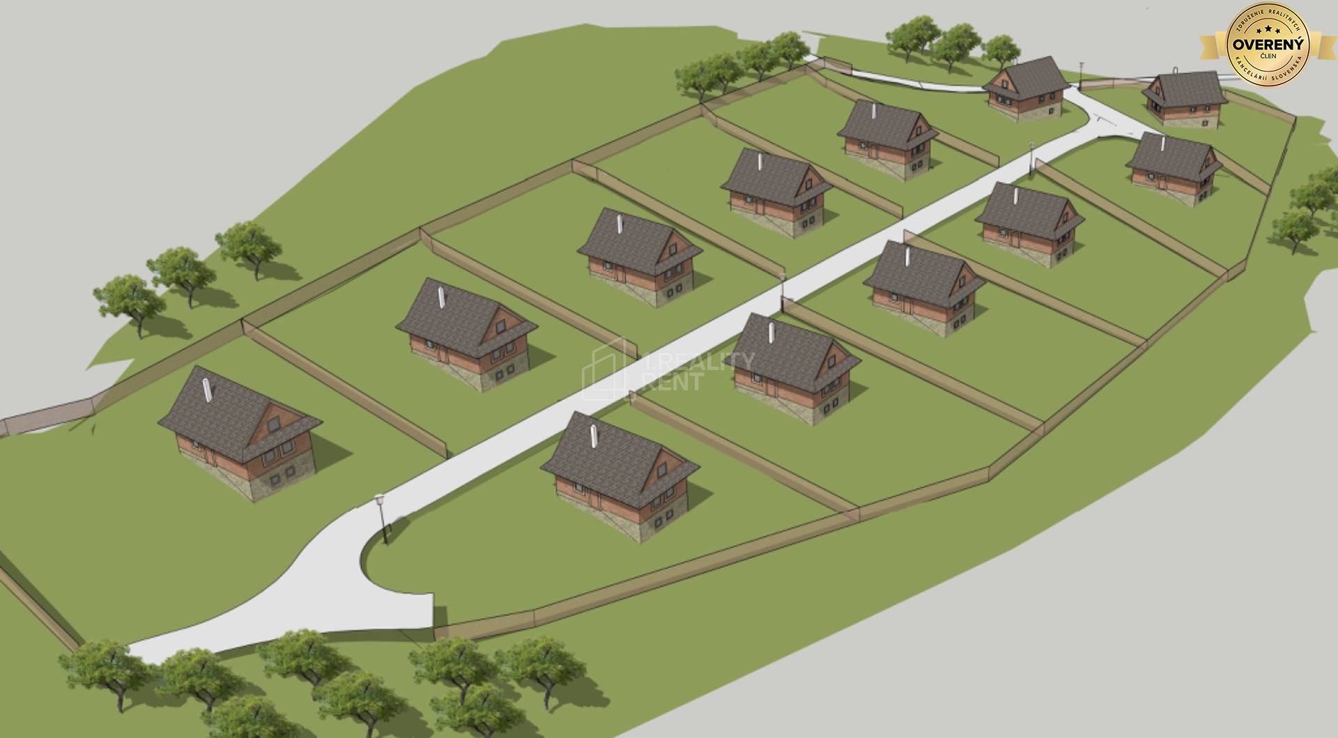 Vizualizácia rekreačných pozemkov s chatami obklopenými zeleňou v Makove.