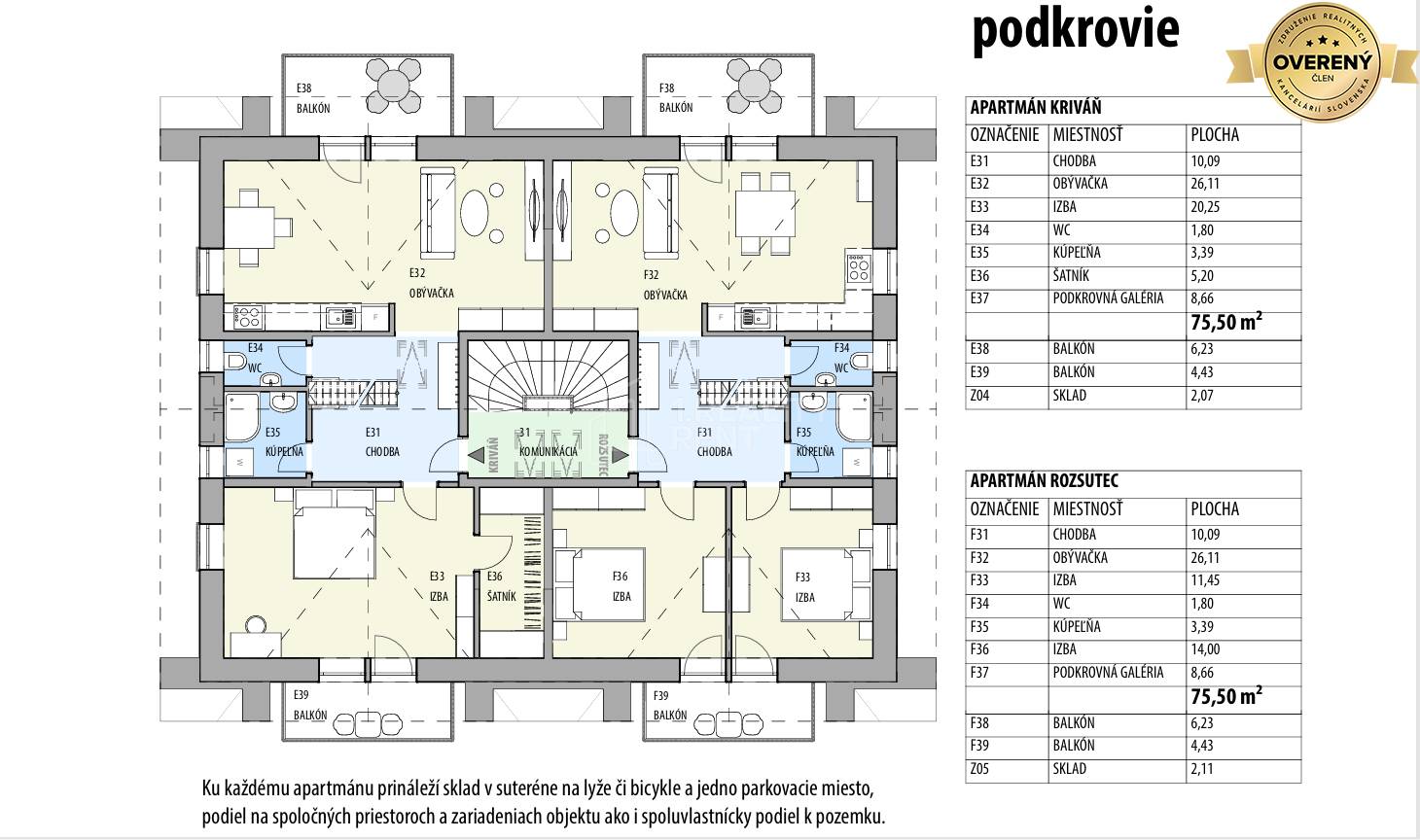 Pôdorys podkrovia rekreačného apartmánu s miestnosťami a balkónmi, efektívne rozloženie priestoru.