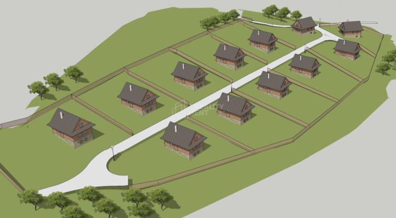 Vizualizácia rekreačných pozemkov s chatami obklopenými zeleňou v Makove.