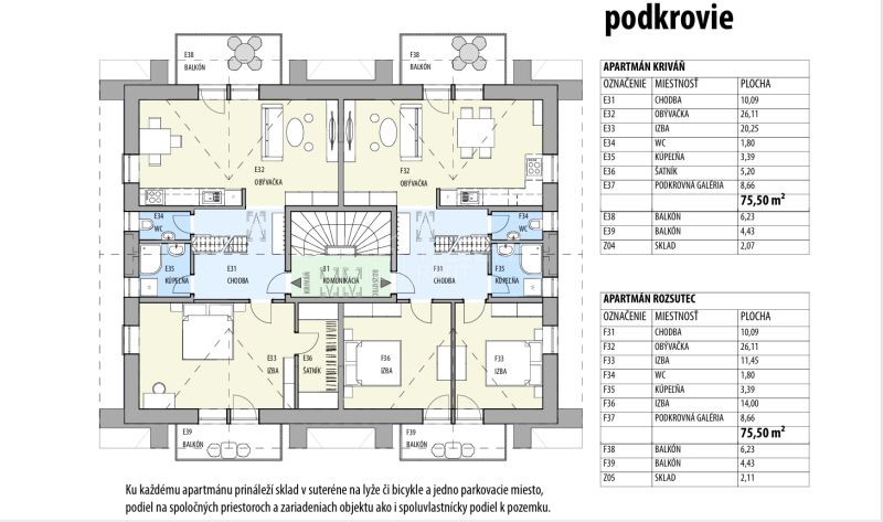 Pôdorys podkrovia rekreačného apartmánu s miestnosťami a balkónmi, efektívne rozloženie priestoru.