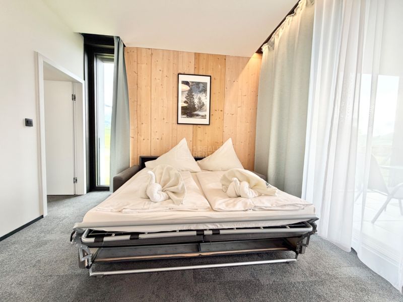 Apartmán s rozkladacou posteľou, dreveným obložením a balkónom s presvetlenými oknami.