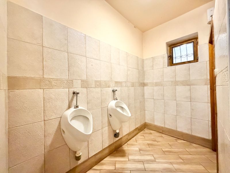 Pisoáre na toalete v rodinnom dome, dlažba s dreveným dekorom.