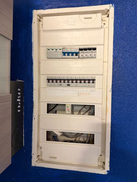 Elektrická rozvodná skrinka na modrej stene v obchodných priestoroch.